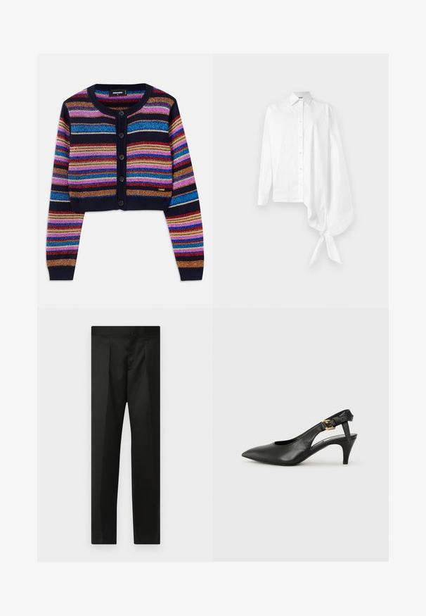 Tummansininen raidoitettucropped neuletakki, jossa on kirkkaat moniväriset kimaltelevat raidoitukset, ribbikuvioiset hihansuut ja viiden napin etulukko.; Valkoinen pitkähihaisella nappipaidalla, jossa on epäsymmetrinen ylisuuri kerrattu hiha, joka on sidottu ranteeseen oikealla puolella.; Mustat housut, joissa on sileä kangas, räätälöity muotoilu, suorat lahkeet sekä litteä vyötärö ilman näkyviä kiinnityksiä tai taskuja.; Musta nahka slingback-korkokenkä, jossa on teräväkärkinen muoto, pieni korko ja solk yksityiskohta nilkkahihnassa. Tasainen pinta, minimalistinen muotoilu.