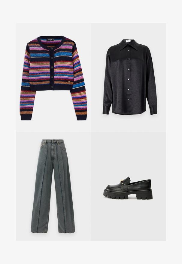 Prúžkovaný skracovaný kardigán v tmavomodrej farbe, ktorý obsahuje živé viacfarebné trblietavé pruhy, ribbovaným manžetami a predným zapínaním na päť gombíkov.; Čierna košeľa s dlhým rukávom a golierom, s pokrčenou textúrou, plne gombíkovou prednou časťou a manžetami. Vyrobená z hladkého materiálu.; Široké tmavošedé džínsy s vysokým pásom, s rozstrapkanými detailmi švov, ktoré sa vertikálne tiahnu pozdĺž prednej časti, a klasickým dizajnom s piatimi vreckami.; Čierne kožené mokasíny s masívnou podrážkou, s akcentom v zlatej farbe na prednej strane a hladkým povrchom. Na podrážke je výrazný dezén.