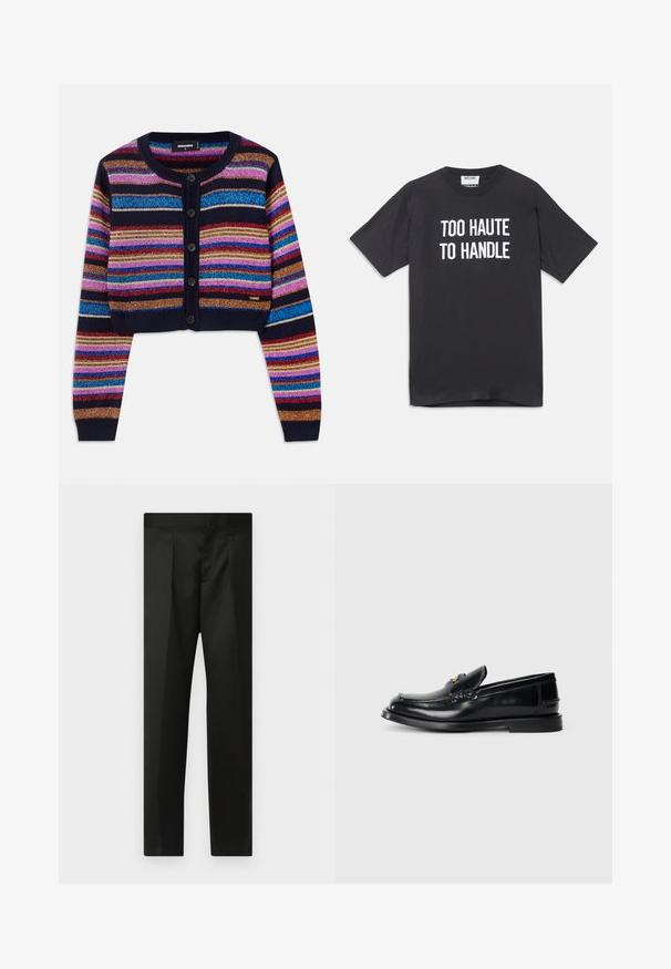 Csíkos, rövidített kardigán sötétkék színben, élénk, színes csillogó csíkokkal, bordázott mandzsettákkal és öt gombos elülső zárással.; Fekete pamut póló rövid ujjakkal és kerek nyakkivágással, elöl fehér felirattal: "TÚL FORRÓ AHHOZ, HOGY KEZELNI TUDJUK".; Fekete nadrág sima anyaggal, testhezálló fazonnal, egyenes lábakkal és lapos derékkal, látható zárak vagy zsebek nélkül.; Fekete bőr loaferek, varrott mintával, kis elülső hajtókával és lapos gumitalppal. Simább textúra aranyszínű hardware kiemeléssel.