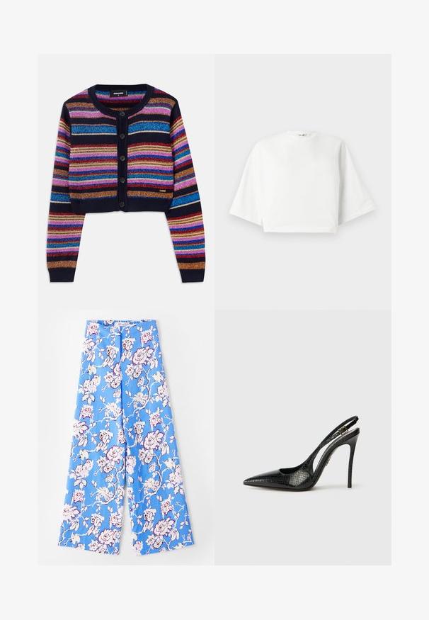 Striped cropped cardigan in dark blue, featuring vibrant multicolored sparkling stripes, ribbed cuffs, and five button front closure.; White cropped t-shirt with relaxed fit, short wide sleeves, round neckline, and side slits, made from soft cotton material.; Blue floral pants featuring a pastel rose pattern. The fabric is smooth with a relaxed fit, wide legs, and an elastic waistband.; Black slingback pump with a pointed toe, textured snake pattern, stiletto heel, and a decorative buckle on the strap.
