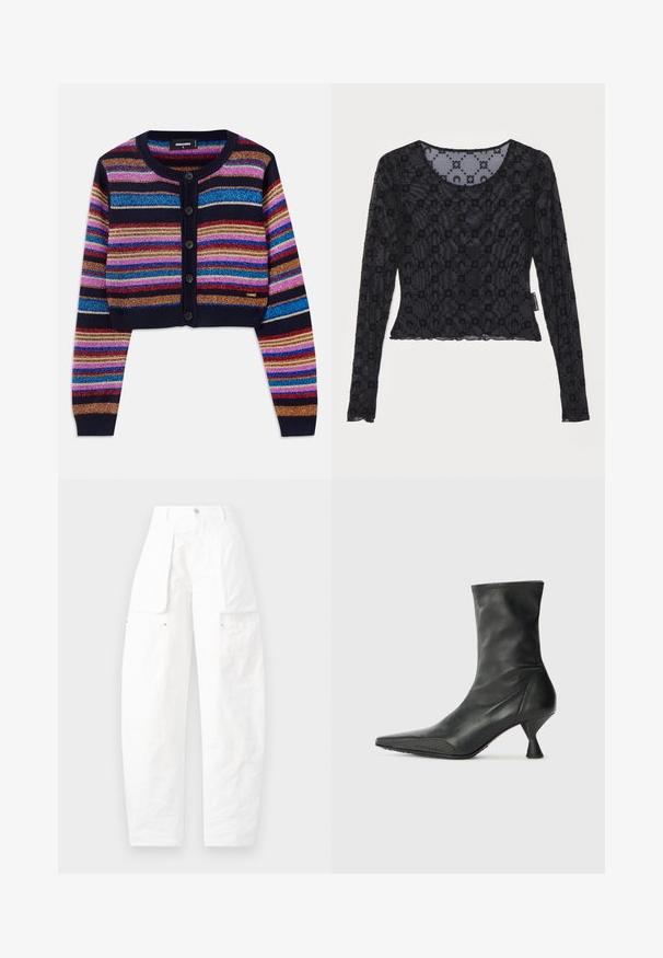 Stribet cropped cardigan i mørkeblå med livlige, multicolore glitrende striber, ribbede manchetter og fem knaplukning foran.; Sort langærmet top lavet af gennemsigtig, tekstureret stof med et hævet blomstermønster og en rund halsudskæring med en bølget kant.; Hvide cargo bukser med løs pasform, flere lommer på siderne, og et struktureret stof med høj talje og knaplukning.; Sort læder ankelstøvle med spids tå, tekstureret tåkap og en slank, konisk hæl. Glat overflade med diskrete syninger.