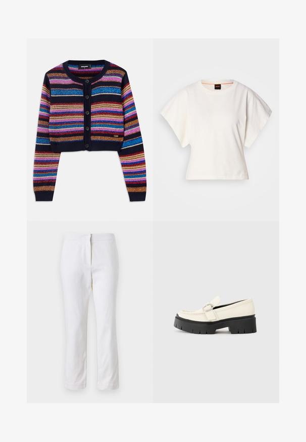 Cardigan court rayé en bleu foncé, avec de vives rayures multicolores scintillantes, des poignets côtelés et une fermeture à cinq boutons à l'avant.; T-shirt blanc cintré, manches courtes et larges, en coton doux, décolleté rond avec une discrète bordure orange, design minimaliste, sans motifs ni graphiques.; Pantalons en coton blancs avec une coupe droite, dotés d'une taille mi-haute et sans matériel ou motifs visibles. Texture lisse sur l'ensemble.; Loafer en cuir blanc avec une semelle plateforme noire épaisse, présentant une boucle rectangulaire en argent et des détails de couture visibles sur la tige.
