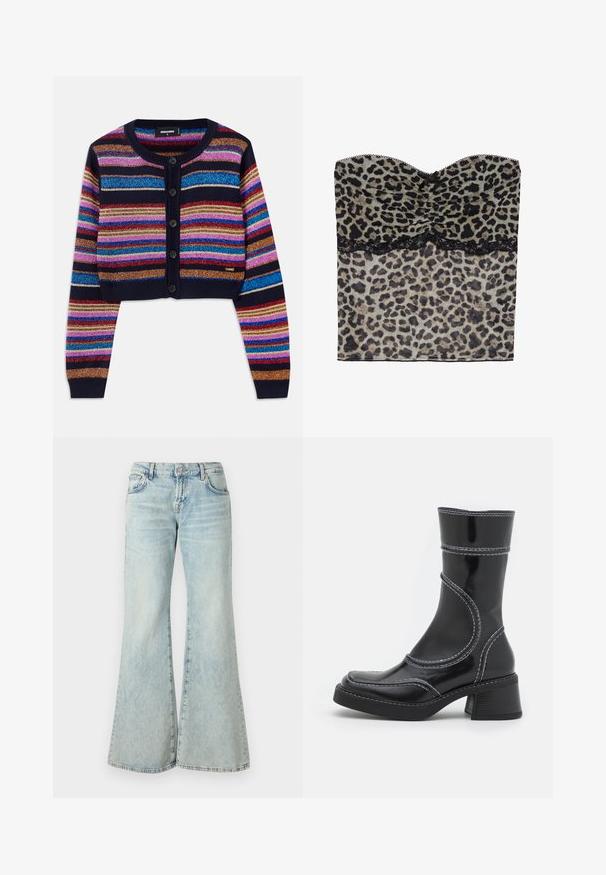 Striped cropped cardigan in dark blue, featuring vibrant multicolored sparkling stripes, ribbed cuffs, and five button front closure.; Leopard print strapless top with ruched texture, black lace trim along the bottom, crafted from lightweight fabric.; Light blue flared jeans made from denim, featuring a high waist, pockets, and frayed hems. The fabric displays a faded wash and subtle texture.; Black patent leather ankle boot with white stitching, rounded toe, and block heel. Features curved design lines and a smooth texture.