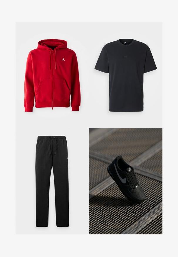 Red zip-up hoodie made of cotton-blend material, featuring a kangaroo pocket and a white logo on the chest, with drawstrings on the hood.; Nike black cotton t-shirt with a classic crew neck, short sleeves, and a subtle, embossed logo on the chest. Smooth texture.; Black sweatpants made of fleece, featuring an elastic waistband with drawstrings, two front pockets, and a small logo on the thigh.; Black Nike Air Force 1 sneaker with a smooth leather upper, perforated toe, grey accents, and black laces, floating above a textured surface.