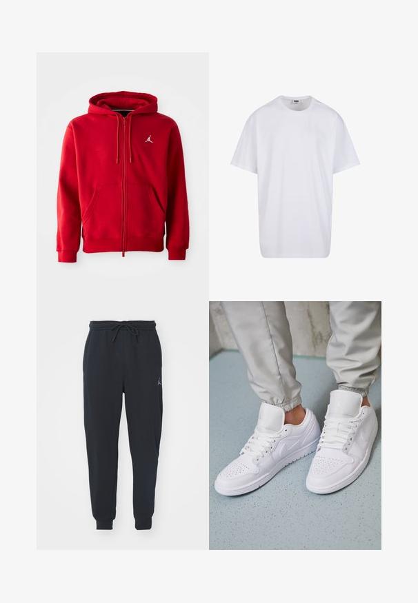 Červená mikina na zip vyrobená z materiálu směsi bavlny, s klokankovou kapsou a bílým logem na hrudi, se stahovacími šňůrkami na kapuci.; Bílé triko z bavlny s krátkým rukávem, kulatým výstřihem, volným střihem a bez viditelných log či vzorů. Hladká textura a minimalistický design.; Černé teplákové kalhoty vyrobené z měkké tkaniny, s elastickým pasem na šňůrku, žebrovanými manžetami a malým logem na levém stehně.; Bílé kožené tenisky mají perforovanou špičku, ploché tkaničky, polstrovaný límec a logo Jordana na jazyku. Nosené s šedými tepláky.