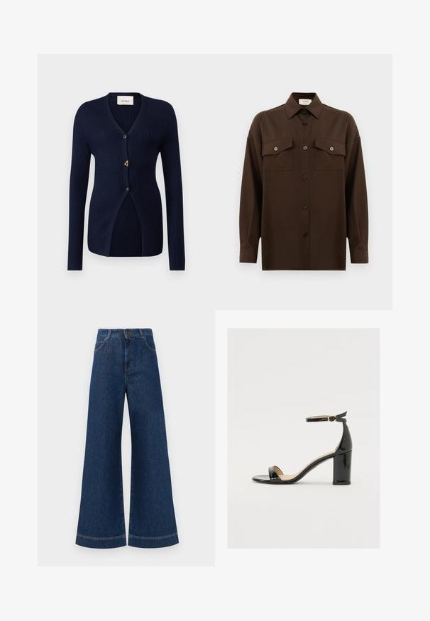 Námorně modrý žebrovaný cardigan s výstřihem do V, dlouhými rukávy, zapínáním na jeden knoflík a trojúhelníkovým zlatým akcentem blízko otvoru.; Tmavě hnědá košile s dlouhým rukávem a knoflíky, se dvěma kapsami na hrudi a klasickým límečkem, vystavená na čistém bílém pozadí.; Široké modré džíny s vysokým pasem, se zapínáním na knoflík, poutky na opasek a jemnými stehy podél kapes a lemů.; Černé lakované sandály s širokým podpatkem, otevřenou špičkou a řemínkem kolem kotníku se zlatou sponou. Hladký povrch a elegantní design.