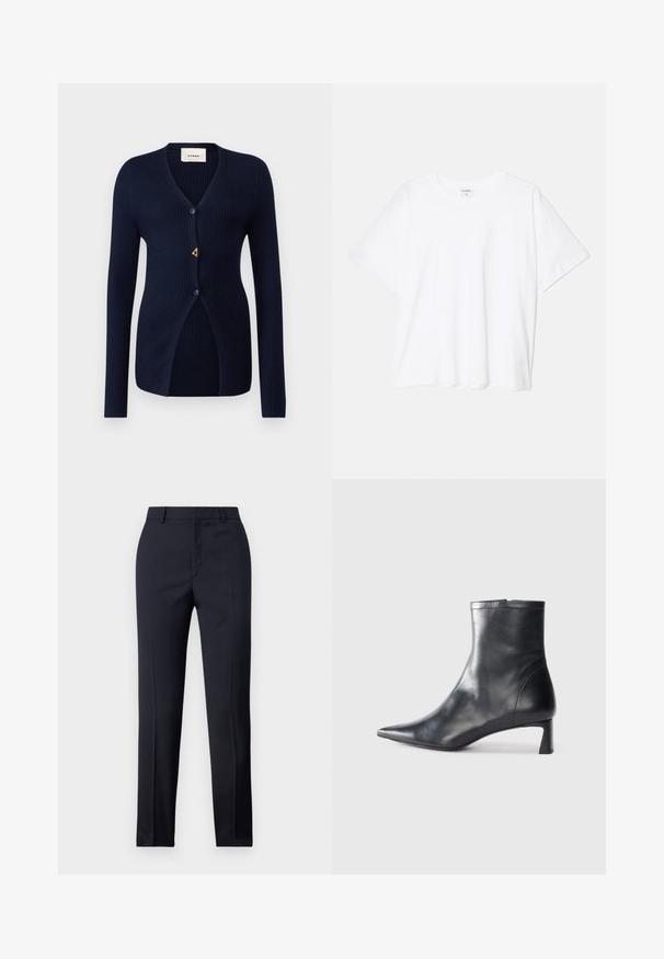 Cardigan en maille côtelée bleu marine avec un col en V, des manches longues, une fermeture à un bouton et un accent doré en forme de triangle près de l'ouverture.; T-shirt en coton blanc avec des manches courtes, un col rond, une coupe décontractée et un ourlet cousu. Étiquette visible à l'intérieur du col.; Pantalons ajustés bleu marine avec une coupe droite, présentant une texture lisse, deux poches avant et une taille épurée.; Bottine en cuir noir avec un bout pointu et un design épuré. Présente un petit talon et une fermeture éclair à l'arrière. Texture lisse.