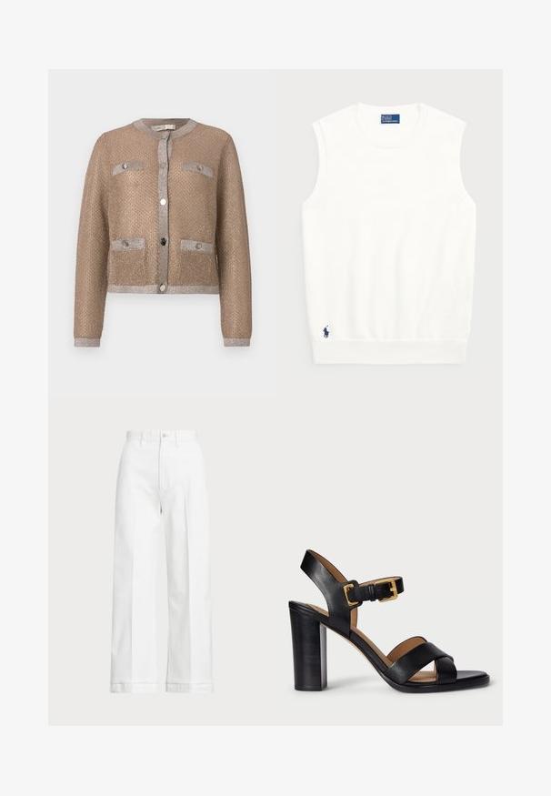 Bežna skrajšana kardigan iz teksturirane tkanine z metalnim sijajem, z obdobjem srebrnih akcentov, dvema sprednjima žepoma in gumbom za zapiranje.; Bela brezrokavna jopica iz gladkega bombaža, z ribastim robom in majhnim mornarsko modrim logotipom na spodnjem levem delu. Preprost dizajn, brez vzorcev.; Bele široke hlače z visokim pasom, ki imajo gumbasto zapiranje in diskretne šive. Narejene so iz bombaža z gladko teksturo.; Črne usnjene sandale s peto z zasnovo križnih trakov in zaponko. Imajo masivno peto in gladko teksturo.