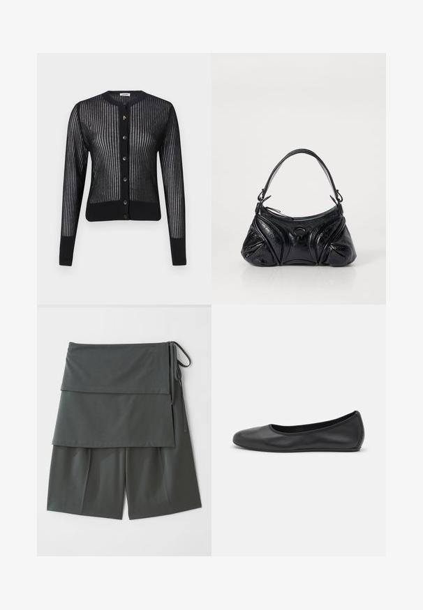 Černý kardigan s žebrovaným designem, kulatým výstřihem, zapínáním na knoflíky a jemnou texturou. Zlatý akcentní detail blízko knoflíků.; Černé tričko s krátkým rukávem vyrobené z hladké tkaniny. Má kulatý výstřih a volný střih s rovním lemem.; Tmavě šedé unisex šortky s vrstveným designem, které mají horní panel a zavazování na straně. Vyrobeny z hladké, lehké tkaniny.; Černé kožené baletní byty s kulatou špičkou, hladkou texturou, minimálními švy a flexibilním designem podrážky.; Černá kabelka vyrobená z texturované kůže s kulatým tvarem. Obsahuje tenký ramenní popruh a dekorativní reliéfní vzory.