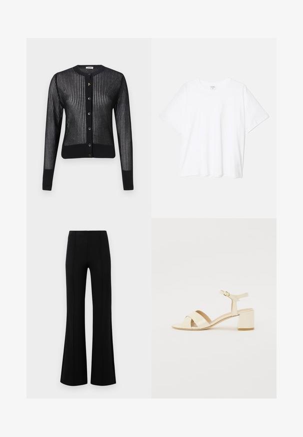 Črni kardigan z rebrasto zasnovo, z okroglim izrezom, zapiranjem na gumbe in subtilno teksturo. Zlati detajl blizu gumbov.; Bela bombažna majica s kratkimi rokavi, okroglim izrezom, sproščenim krojem in šivanim robom. Oznaka vidna na notranji strani izreza.; Črne krilate hlače z visokim pasom, izdelane iz raztegljive tkanine. Imajo vertikalne šive na sprednji strani in gladko teksturo.; Bež lakirane usnjene sandale s peto z zasnovo čez trak, odprtim prstom, nastavljivim gležnjenjem in blok peto. Gladka tekstura.
