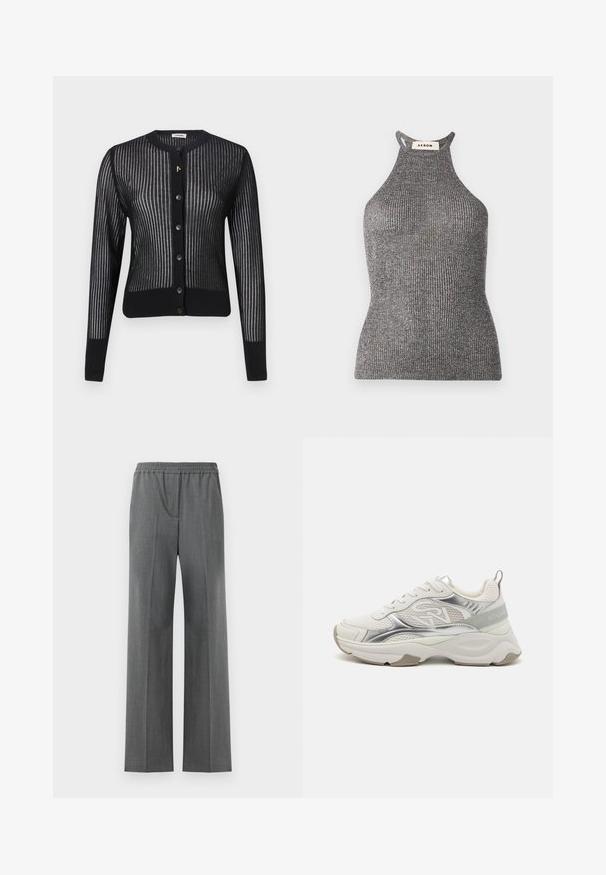 Svart cardigan med ribbestruktur, med rund halslinning, knappelukking og en subtil tekstur. Gull detaljer nær knappene.; Grå halterneck-top laget av ribbet tekstil, med en tettsittende silhuett og en høy hals med åpne sider. Merkeetikett synlig ved halsen.; Grå vid bukse med elastisk liv, laget av et teksturert stoff med et subtilt vevmønster.; Hvite sportsko med glitrende sølvdetaljer, nettingpaneler og en tykk såle. Har en logo på siden og en teksturert hæltab.
