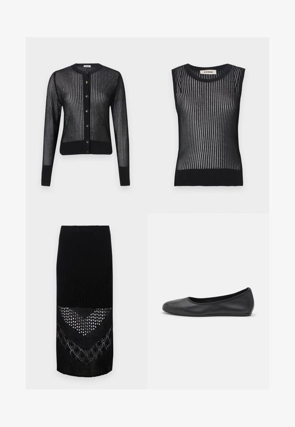 Black cardigan with a ribbed design, featuring a round neckline, button closure, and a subtle texture. Gold accent detail near the buttons.; Black sleeveless knit top featuring vertical stripes with a semi-sheer texture. Constructed from soft, stretchy material for a fitted silhouette.; Black knitted skirt featuring a textured design with varying patterns, including open weaves and solid sections, reaching just above the knees.; Black leather ballet flat with a rounded toe, smooth texture, minimal stitching detail, and a flexible sole design.
