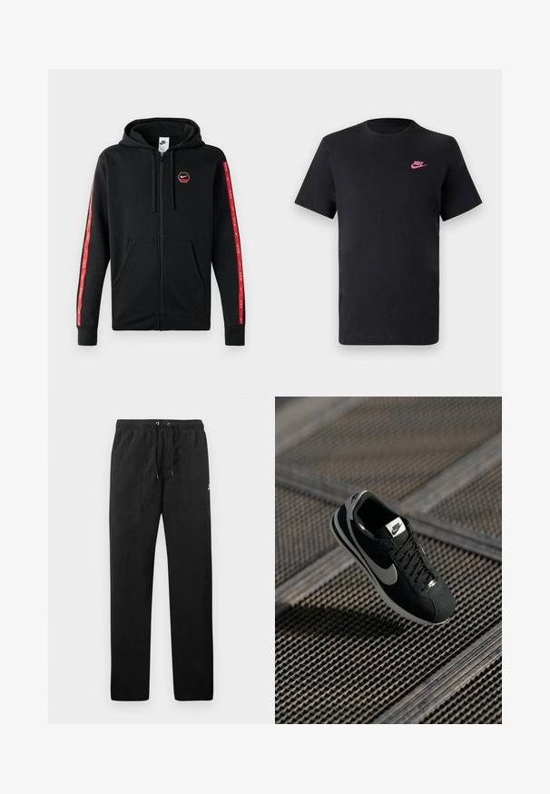 Černá mikina s kapucí na zip od Nike, se stahovací kapucí, předními kapsami a červenými pruhy s bílými logy Nike po stranách rukávů.; Černé bavlněné tričko s kulatým výstřihem a krátkými rukávy. Na horní levé straně se nachází růžové logo Nike. Hladká textura.; Černé teplákové kalhoty vyrobené z fleecu, s elastickým pasem a šňůrkami, dvěma předními kapsami a malým logem na stehně.; Černé tenisky Nike s šedými akcenty, z nubuku a síťoviny, s texturovanou podrážkou, úzkým tvarem a klasickým šněrovacím designem.