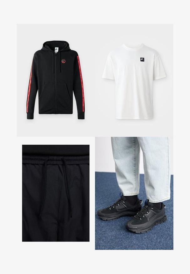 Crna Nike zip-up dukserica s kapuljačom i vezicom, prednjim džepovima te crvenim prugama s bijelim Nike logotipima duž rukava.; Bijela pamučna majica s kratkim rukavima i okruglim izrezom; sadrži mali crni pravokutni Nike Air logo na lijevoj strani prsnog koša.; Crne kratke hlače s pojasom na vezanje, lagani materijal s glatkom teksturom i jednostavan dizajn bez vidljivih logotipa ili uzoraka.; Crne atletske cipele s teksturiranom tkaninom i gumene potplate, s elastičnim vezicama i plavim akcentom na peti. Nosene su s svijetlim trapericama.