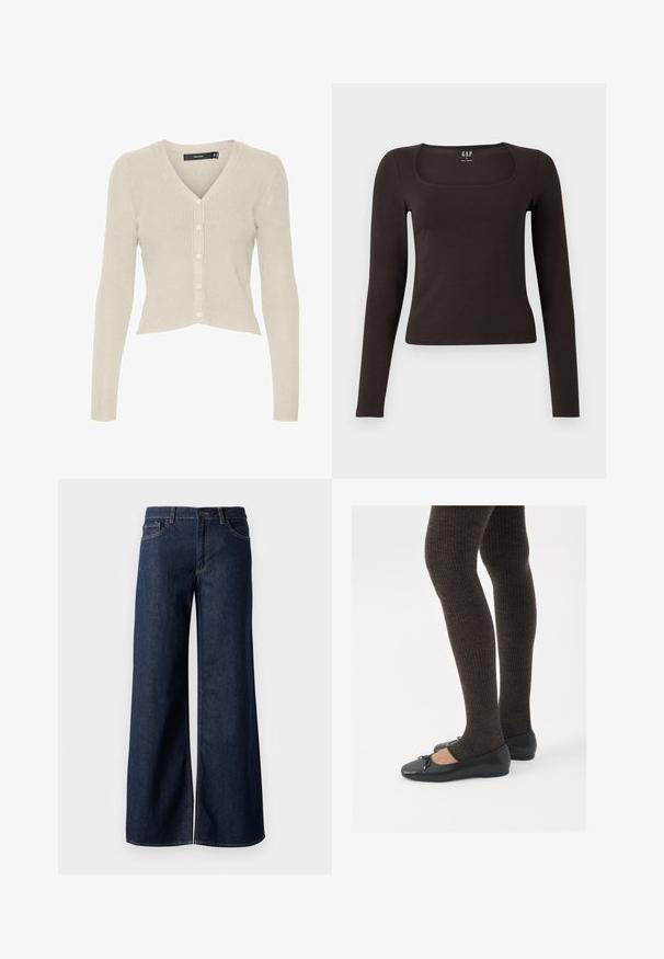 Bežinė, briaunota kardiganas su V formos iškirpte ir šešiais mygtukais. Turi ilgas rankoves ir trumpą apatinę dalį. Lygi tekstūra, lengvas audinys.; Juoda ilgomis rankovėmis, prigludusi bluzonėlė su kvadratine iškirpte, žymėta GAP, rodoma baltame fone.; Plati kojinės džinsai tamsiai mėlynos džinsinės medžiagos. Yra kontrastingas siuvimo ornamentas, penkios kišenės ir užsegimas mygtuku juosmenyje. Lygus paviršius.; Juodos plokščios bateliai su maža kaspinėlio detale prie pirštų, derinami su tamsiai rudos spalvos raukšlėtomis pėdkelnėmis. Bateliai turi lygų paviršių ir žemą profilį.