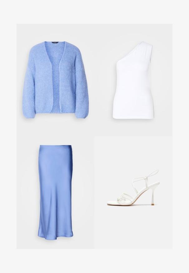 Lindex CARDIGAN VANESSA - Cardigan - light blue; Top alb asimetric cu un umăr, realizat dintr-un material neted, având o siluetă ajustată și margini curate.; Fustă midi din satin albastru cu un finisaj neted și strălucitor. Silueta evazată, tivul se curbează ușor, evidențiind designul său fluid.; Sandale albe cu toc înalt, cu barete, bază plată pentru degete, față texturată cu accente strânse și o curea subțire la glezna.