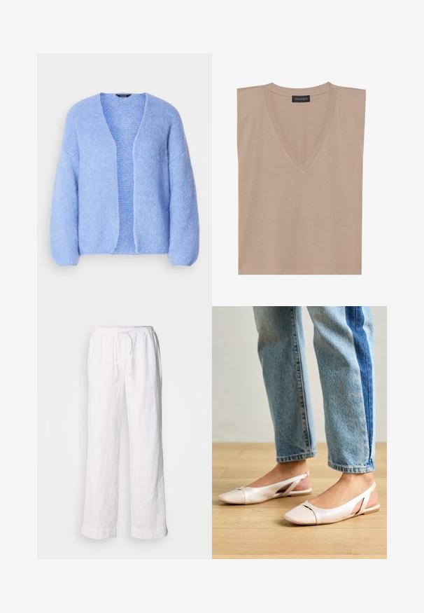 Lindex VANESSA jasnoniebieski; Beżowy top na ramiączkach z dekoltem w serek, z czarną metką z napisem "ANNA FIELD" przy kołnierzyku, leżący płasko na białym tle.; Białe lniane spodnie o luźnym kroju, z elastycznym pasem i sznurkiem. Posiadają proste nogawki i podwinięte nogawki dla swobodnego wyglądu.; Jasnoróżowe baleriny na odkrytej pięcie z wąskim noskiem, wykonane z gładkiego materiału imitującego skórę. Posiadają wycięcia po bokach oraz płaski obcas.