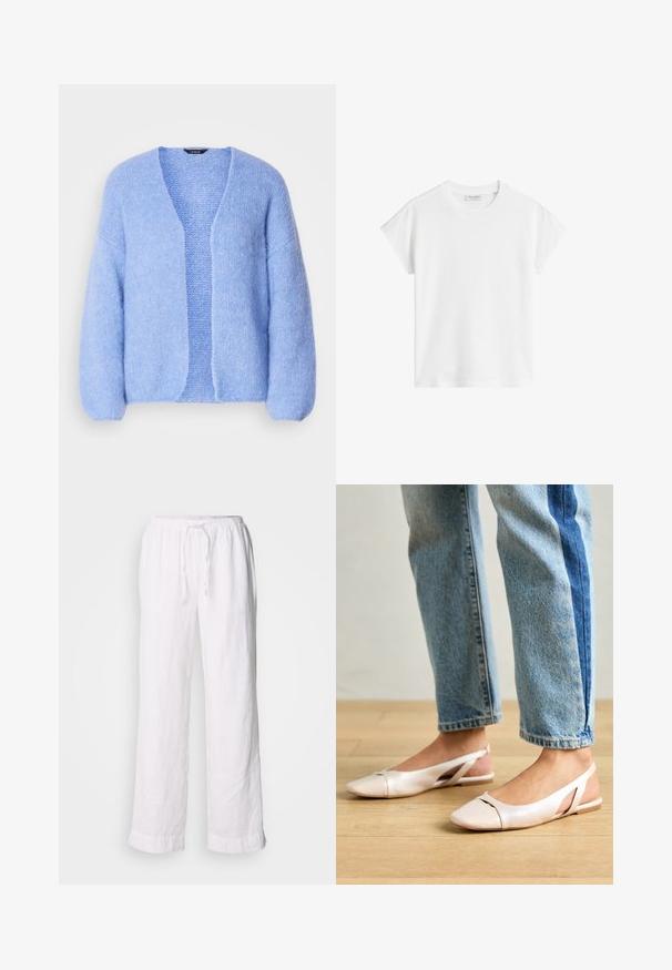 Lindex VANESSA - Chaqueta de punto - light blue; Camiseta de algodón de manga corta blanca. Presenta un corte relajado, con cuello redondo y costuras de hombro ligeramente caídas. Sin patrones ni acentos.; Pantalones de lino blancos con un corte relajado, cinturilla elástica y cordón. Presentan piernas rectas y dobladillos enrollados para un look casual.; Bailarinas de color rosa pálido con tiras traseras y punta puntiaguda, fabricadas con un material similar al cuero suave. Presentan detalles recortados en los laterales y un tacón plano.