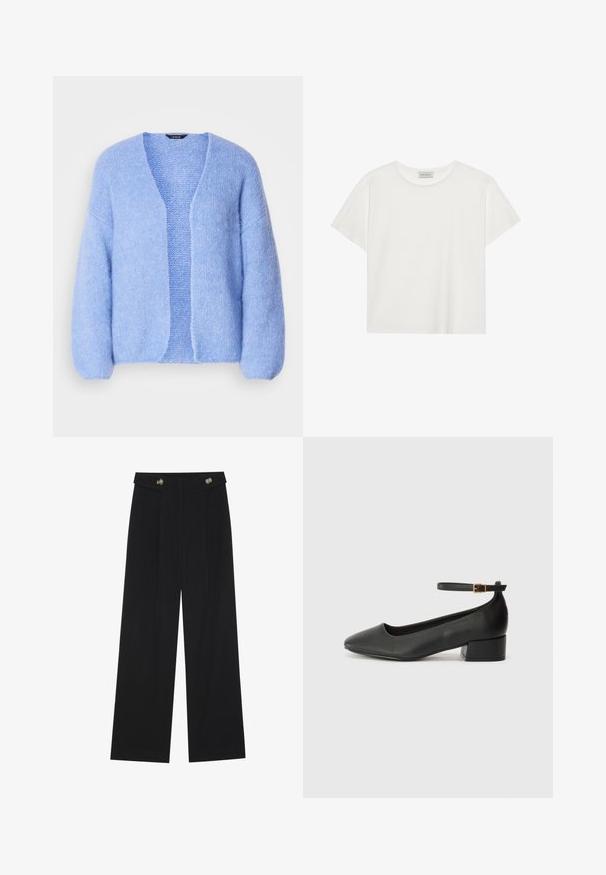 Lindex VANESSA - Vest - light blue; Witte T-shirt met korte mouwen, gemaakt van zachte katoen. Heeft een ronde halslijn en een relaxte pasvorm. Schoon ontwerp zonder zichtbare patronen of accenten.; Zwarte wijde broek met hoge taille, knoopdetails op de tailleband en plooien aan de voorkant.; Zwarte leren pump met een spitse neus en een lage blokhak. Beschikt over een enkelband met een goudkleurige gespsluiting. Gladde textuur.