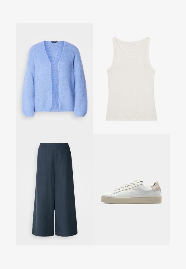 Lindex VANESSA - Cardigan - light blue; Hvit bomullstopp med vid halsutskjæring og tynne skulderstropper. Glatt tekstur uten synlige mønstre eller dekorasjoner.; Vidde benbukser i marineblå, laget av lett stoff. Har en litt teksturert overflate, elastisk liv og frontseam.; Hvit lær sneakers med en glatt finish, aksenter i beige semsket skinn, rund tå, flat snøring og en teksturert gummisåle.