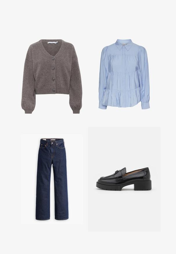 Gestuz MANZI - Cardigan - chestnut melange; Lyseblå bluse laget av blankt stoff, med klassisk krage, knapplukking foran, puffede ermer og en lagdelt, volangkant.; Mørkeblå rette denimjeans med fem lommer, oransjefarget søm og knappestenging.; Sorte skinn loafers med lav blokkhelt, rund tå, dekorativ rem og teksturert sømdetalj på overdelen. Glatt finish.