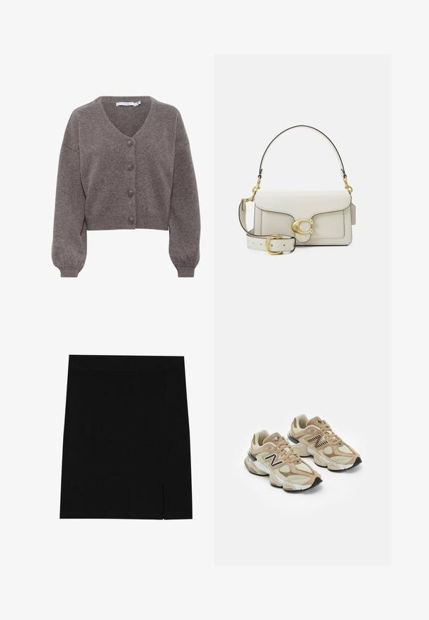 Gestuz MANZI - Adīta jaka - chestnut melange; Balta īsām piedurknēm T-krekls, izgatavots no kokvilnas, ar noapaļotu kakla izgriezumu un brīvu piegriezumu. Gluda tekstūra, bez redzamām apdrukām vai rotājumiem.; Melna mini svārku izgatavota no mīksta auduma ar pieguļošu dizainu, kurai sānos ir neliela šķirba papildu detaļām.; Beigās sporta kedas ar acu un zamša materiāliem. Iekļauj melnu logotipu un teksturētus akcentus. Resna balta starppēda un melna gumijas zole.; Balta ādas roku soma ar zelta toņu sprādzi, melniem akcentiem, atvienojamu plecu siksnu un strukturētu dizainu ar atloku aizdari.