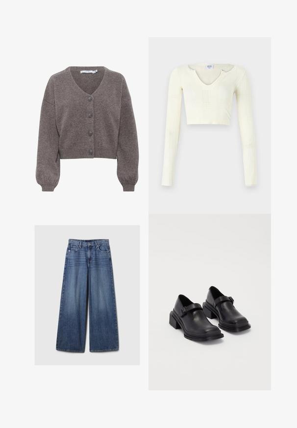 Gestuz MANZI - Neuletakki - chestnut melange; Lyhyt toppi off-white neulemateriaalista. Pitkät hihat, joissa on ribbitekstuuri ja pieniä leikkuukohtia kauluksessa.; Vaaleansiniset, leveälahkeiset farkut, joissa on haalistunut viimeistely. Ne sisältävät napin ja vetskarin, viisi taskua sekä vyölenkit.; Mustat nahkakengät, joissa on pyöreä varvas, litteä pohja ja soljellinen hihna. Paksu lohkopohja lisää vakautta.