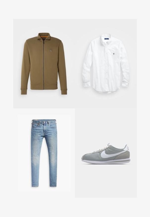 Chaqueta verde oliva con cremallera y cuello alzado, puños acanalados y un discreto parche de logo en el pecho. Tejido suave de peso medio.; Camisa blanca de manga larga de algodón con botones. Presenta un cuello clásico, puños con botones y un pequeño logo bordado en azul marino en el pecho.; Jeans ajustados de color azul claro con un ligero desgaste en los muslos, cierre frontal con botón, trabillas para cinturón y estilo de cinco bolsillos sobre un fondo blanco.; Zapatilla deportiva gris con parte superior de ante y textil, swoosh blanco de Nike y cordones blancos. Presenta una suela de goma texturizada y un collar acolchado.