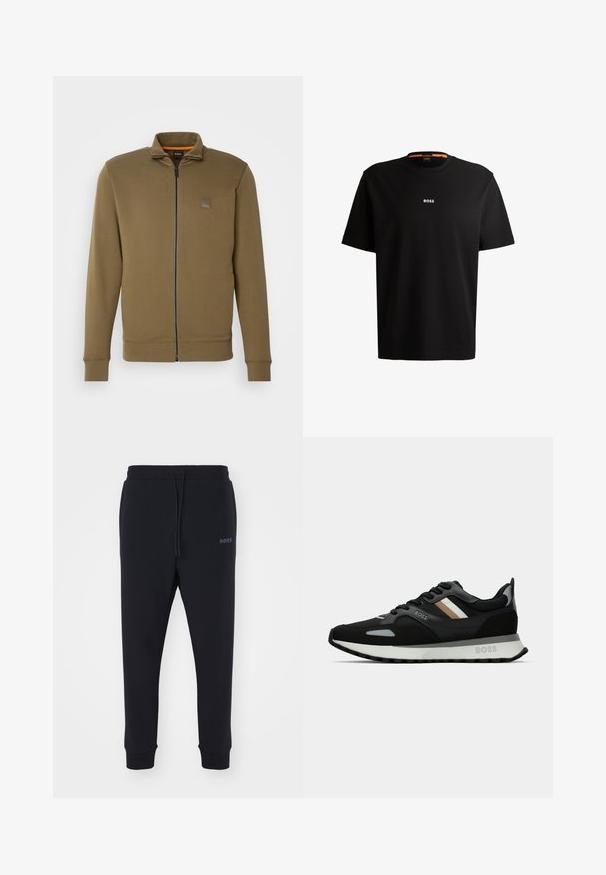 Olíva zöld cipzáras dzseki, álló gallérral, bordás mandzsettákkal és egy diszkrét logó folttal a mellrészen. Simább, közepes súlyú anyag.; Fekete pamut póló kerek nyakkivágással, rövid ujjakkal és fehér „BOSS” logóval a mellkas közepén. Simaság jellemzi, laza szabású.; Fekete melegítőnadrág, puha anyagból, elasztikus derékkal, zsinórral és szűkülő lábakkal. Oldalt egy kis logó található.; Fekete futócipő, texturált felülettel, világosszürke díszítésekkel és három északi csíkkal barnában. Fehér párnázott talpával rendelkezik.