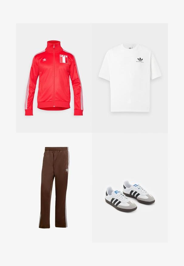 Červená tepláková bunda z hladkej tkaniny, s vysokým golierom, plným zipsom, bielymi pruhmi na rukávoch a emblematom FPP na hrudi.; Biela bavlnená tričko s krátkymi rukávmi, s čiernym logom "BASKETBALL" a ikonickým trojprúžkovým dizajnom na prednej strane.; Hnedé športové nohavice z hladkej tkaniny, s bielymi bočnými pruhmi a elastickým pásom. Obsahujú vrecká na oboch stranách.; Športové topánky s bielym koženým zvrškom, šedou semišovou špičkou a tromi čiernymi pruhmi. Obsahujú modré logo na jazyku a štruktúrovanú gumovú podrážku.