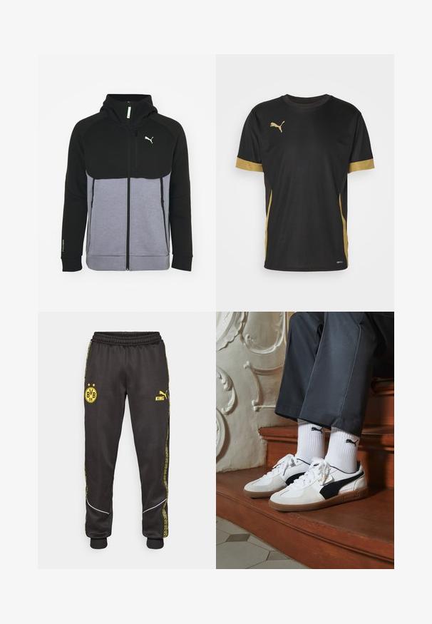 Svart og grå hettegenser med glidelås, hette og to sidelommer. Laget av mykt stoff med grønn logo.; Svart treningst-skjorte med gulldetaljer på ermene og siden. Har rund hals, korte ermer og fukttransporterende DRYCELL-stoff.; Svarte treningsbukser med gule Borussia Dortmund BVB 09 og Puma King-logoer, elastisk liv, og mønstrede gule sidestriper.; Puma-sneakers i hvitt og svart semsket skinn, med en brun gummisåle. Kombinert med hvite sokker med en svart logo, båret med mørke bukser.