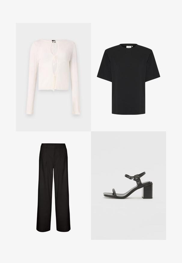 Fehér bordázott hosszúujjú felső, mély V-kivágással, megkötő zárással és cropped fazonnal. Az anyag látszólag könnyű és enyhén áttetsző.; Fekete, rövid ujjú póló kerek nyakkivágással, puha, sima anyagból készült, laza fazonú, látható minták vagy díszítések nélkül.; Fekete, bő lábú nadrág, pliszével, könnyű anyagból készült. Simaság jellemzi, és a derektól a szegélyekig egyenes vonalú szabása van.; Fekete bőr, tömbsarkú szandál széles pánttal a lábujjak felett és állítható bokapánttal, letisztult, minimalista dizájnnal.