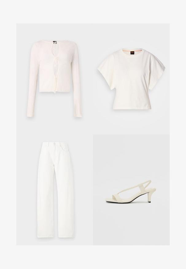 Bílý žebrovaný dlouhý rukáv s hlubokým výstřihem do V a vázačkou na zavázání, s krátkým lemem. Materiál se zdá být lehký a mírně průhledný.; Bílý zkrácený T-shirt, krátké široké rukávy, měkký bavlněný materiál, kulatý výstřih s jemným oranžovým lemováním, minimalistický design, bez vzorů nebo grafik.; Bílé široké džíny vyrobené z bavlny, s vysokým pasem, dvěma předními kapsami a zapínáním na jeden knoflík se skrytým zipem.; Krémové sandály na bloku s tenkými popruhy a čtveratou špičkou. Hladký materiál s minimálními detaily, navržené pro snadné nošení.