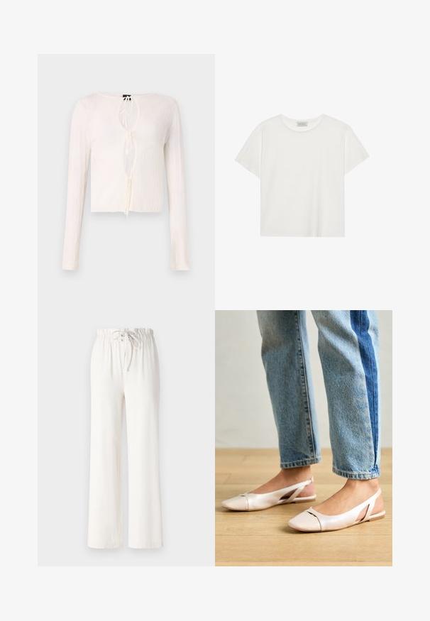 Camisola de mangas compridas branca, com textura canelada, apresentando um decote em V profundo com fecho em laço e uma barra cropped. O tecido parece leve e ligeiramente transparente.; T-shirt branca de manga curta feita de algodão macio. Apresenta um decote redondo e um corte descontraído. Design limpo sem padrões ou detalhes visíveis.; Calças largas brancas feitas de tecido macio, com uma cintura elástica e textura suave. Sem padrões ou adornos visíveis.; Sapatilhas slingback de cor rosa pálido com bico fino, feitas de um material semelhante a couro liso. Apresentam detalhes recortados nas laterais e um salto plano.
