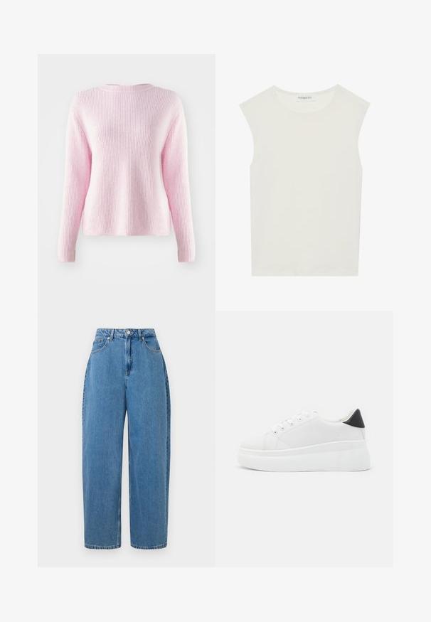 Suéter listrado em rosa claro, feito de um tecido suave, com decote redondo e mangas longas, apresentando um ajuste descontraído e um design minimalista.; Top branco sem mangas com decote redondo. Feito de um tecido liso, apresenta um corte descontraído e um design minimalista. Sem padrões ou detalhes.; Calças de ganga azul claro com um corte de perna reta, cintura alta e fecho de botão na parte da frente. Apresenta cinco bolsos e detalhes de costura mínimos.; Tênis plataforma brancos feitos de material sintético suave, apresentando ponta arredondada, design com cadarços e sola de borracha texturizada. Acento preto no calcanhar.