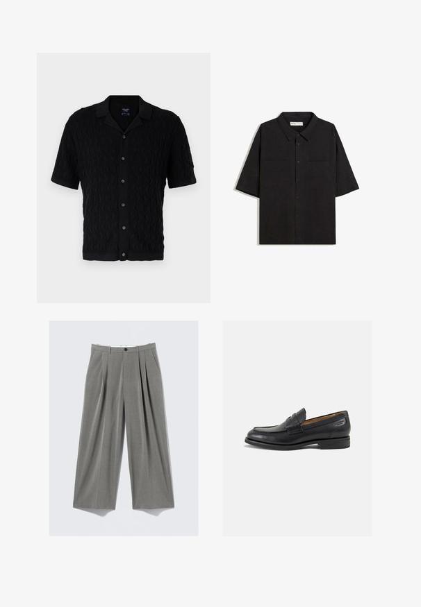 Sort kortærmet skjorte med bølge-mønster tekstur, knap-front og klassisk krave. Blødt stof med subtil ribbede kanter.; Sort kortærmet skjorte med krave, to forlommer, knaplukning og en glat stofstruktur.; Grå pynte-stribet vide bukser med frontfolder, bæltestropper, sidelommer og en sort knaplukning.; Sorte læder loafers med en glat finish, rund tå og dekorativ syning på vampen. Lav stablet hæl og let glans.