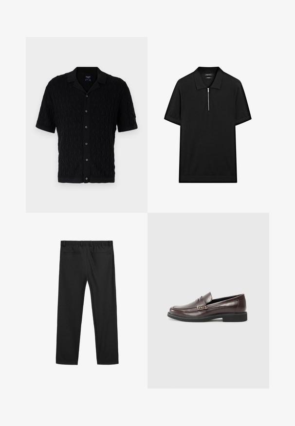 Chemise noire à manches courtes avec une texture à motif de vagues, devant à boutons et col classique. Tissu doux avec un léger côtelé sur les bords.; Polo-shirt noir à manches courtes avec col montant et fermeture éclair à l'avant. Fabriqué en tissu lisse avec un design épuré et minimaliste.; Pantalons de sport noirs avec une taille élastique, deux poches arrière et une coupe ample. Texture de tissu lisse et design à jambes droites.; Mocassins en cuir marron avec une finition lisse, présentant un léger détail de couture sur le dessus et une semelle en caoutchouc noire.