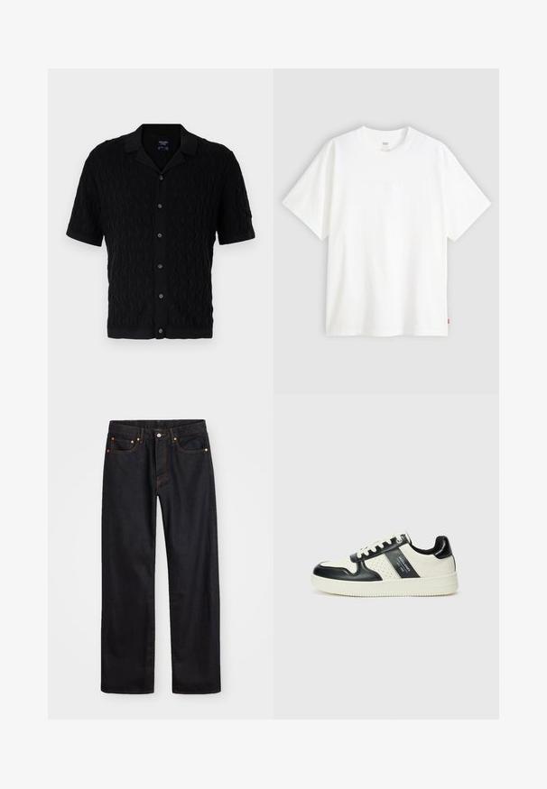 Camisa negra de manga corta con textura de patrón de olas, con botones en la parte delantera y un cuello clásico. Tejido suave con sutil canalé en los bordes.; Camiseta blanca de manga corta hecha de algodón con cuello redondo. Presenta un sutil detalle de logo en relieve en la parte delantera y una etiqueta roja en el dobladillo.; Jeans de mezclilla negros de pierna recta para hombre, con cinco bolsillos y costuras en color naranja, cierre de botón y cremallera en la parte delantera de la cintura.; Zapatillas de cuero con un esquema de colores negro y crema, que cuentan con acentos perforados, un collar acolchado y una suela texturizada.