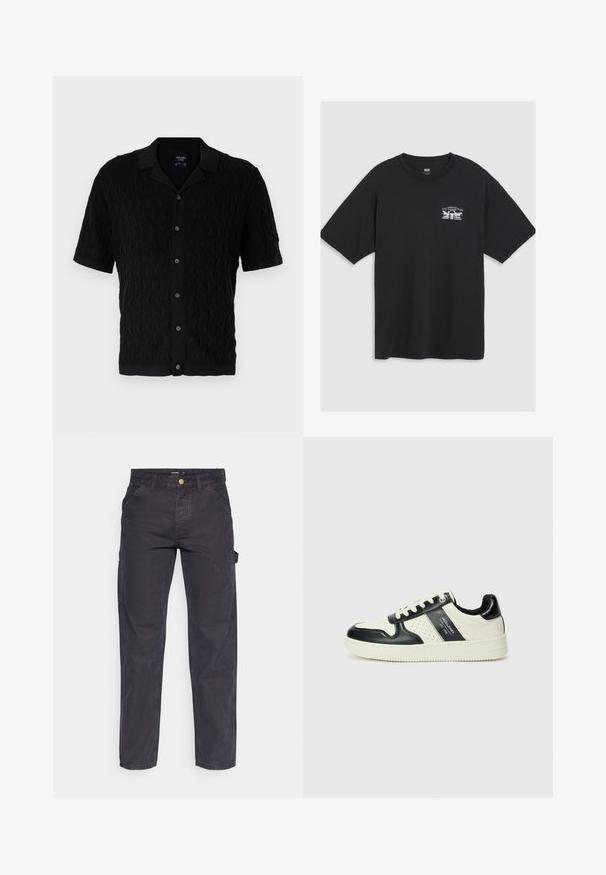 Melna īsām piedurknēm krekls ar viļņu rakstu tekstūru, pogu aizdare priekšpusē un klasiskā apkakle. Mīksta auduma ar maigu ribojumu uz malām.; Melna kokvilnas T-kreklā ar īsām piedurknēm, noapaļota kakla izgriezumu un mazu baltu grafisku attēlu krūtīs ar stilizētu dizainu.; Tumši pelēki kravas bikses, kas izgatavotas no izturīga auduma, ar taisnu piegriezumu, piecām kabatām un pogu aizdari viduklī.; Ādas sporta apavi ar melnbaltu krāsu shēmu, ar perforētiem akcentiem, mīkstinātu apkakli un teksturētu zoli.