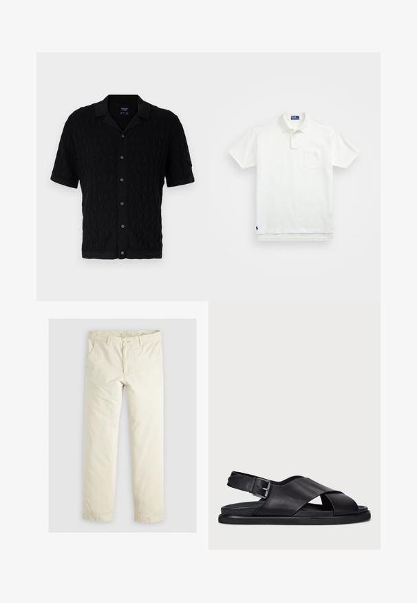 Schwarzes Kurzarmhemd mit Wellenmustertextur, Knopfleiste und klassischem Kragen. Weicher Stoff mit subtilem Rippenmuster an den Kanten.; Weißes Poloshirt aus Baumwolle, mit klassischem Kragen, Drei-Knopf-Leiste und einer linken Brusttasche; kleines Logo am Saum.; Helle beigefarbene, lässig geschnittene Hose mit drei Taschen, Gürtelschlaufen und geradem Bein. Hergestellt aus einem weichen Baumwoll-Mix.; Polo Ralph Lauren ZANE LEATHER SANDAL - Riemensandalette - black