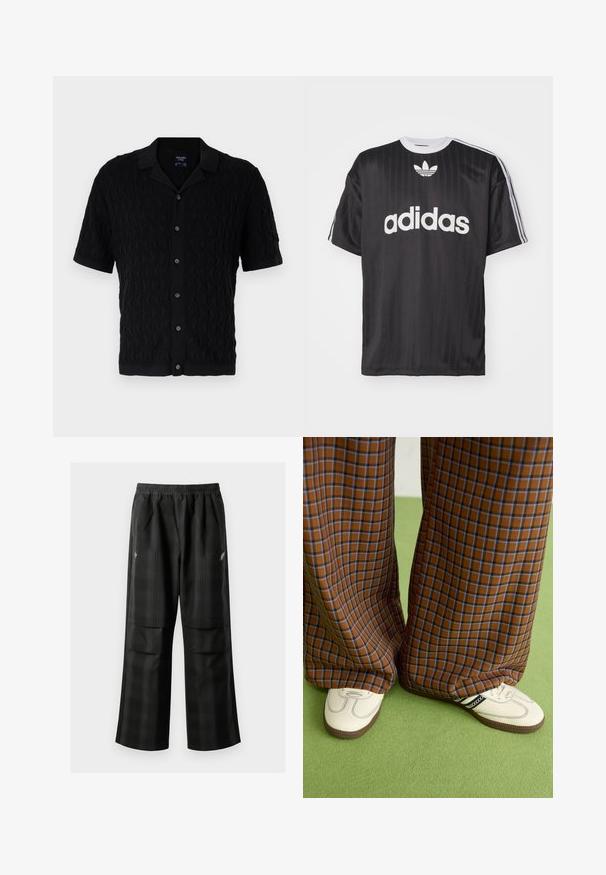 Zwarte short-sleeve shirt met een golfpatroon textuur, knoopsluiting aan de voorkant en een klassieke kraag. Zachte stof met subtiele ribbeling op de randen.; Zwarte t-shirt met korte mouwen, voorzien van een witte "adidas" logo en drie strepen op elke schouder. Gemaakt van glad, lichtgewicht materiaal met een ronde hals.; Zwarte geruite broek met een elastische tailleband, twee voorzakken en een losse pasvorm met een rechte pijpdesign. Gemaakt van lichtgewicht materiaal.; Bruine en blauwe geruite wijde broek, gecombineerd met witte schoenen met zwarte accenten en een gestructureerde zool, gezet tegen een groene achtergrond.