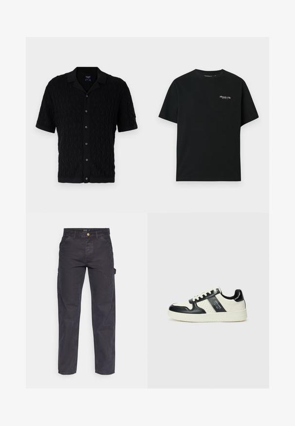 Juodas trumpas rankovėmis marškinėliai su bangų raštu, mygtukų priekyje ir klasikinio kirpimo apykaklė. Minkšta medžiaga su subtiliais raukšlėmis kraštuose.; Juoda medvilninė marškinė su trumpomis rankovėmis, apvalia iškirpte ir mažu balto teksto logotipu viršutinėje kairėje krūtinės pusėje. Lygus paviršius, laisvas siluetas.; Tamsiai pilkos krovininės kelnės, pagamintos iš patvarios medžiagos, su tiesaus kirpimo, penkiomis kišenėmis ir mygtukiniu užtrauktuku liemens srityje.; Odiniai sportbačiai juodos ir kreminės spalvų schemoje, su perforuotais akcentais, paminkštinta apykakle ir tekstūruotu padu.