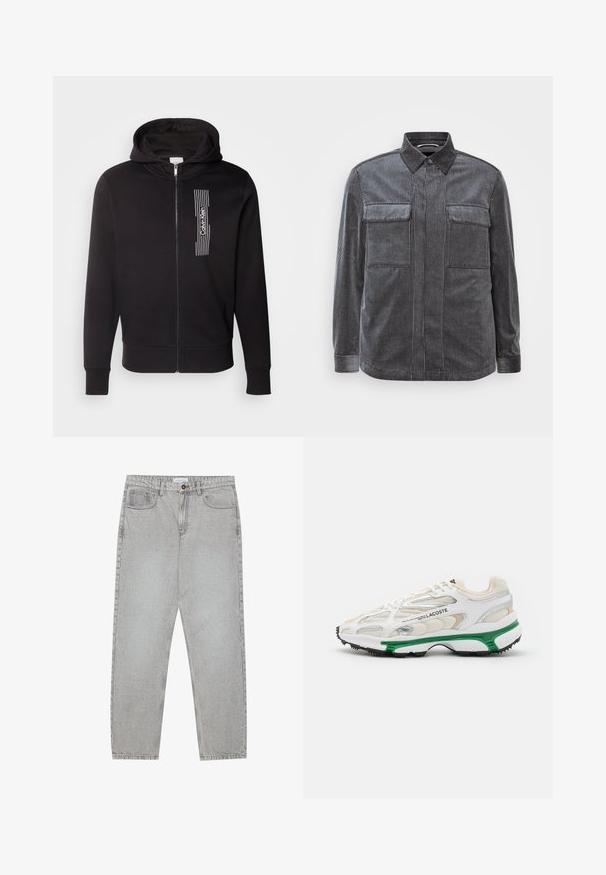 Calvin Klein HORIZONTAL LOGO ZIP THRU HOODIE - Φούτερ με φερμουάρ - black; Μαύρο και γκρι ριγέ κοτλέ πουκάμισο με κλειστό γιακά, δύο τσέπες στο στήθος και μακριά μανίκια. Υφασμάτινη επιφάνεια με λείο φινίρισμα.; Ανοιχτό γκρι τζιν παντελόνι με ίσια γραμμή, πέντε τσέπες και κλείσιμο με κουμπί. Ορατές ραφές κατά μήκος των ραφών.; Λευκό αθλητικό παπούτσι με πράσινη λεπτομέρεια και μαύρη καουτσούκ σόλα. Διαθέτει πλέγμα και συνθετικά πάνελ, με υφή και ορατές ραφές.
