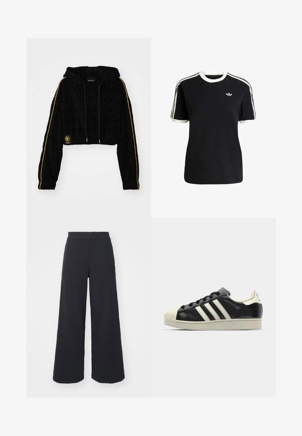 Sudadera negra recortada con el logo en relieve de 'Versace', rayas amarillas a lo largo de las mangas y detalles en dorado. Textura suave de terciopelo.; Camiseta de algodón negra con acentos en blanco en el cuello y las mangas, que presenta tres rayas blancas en cada hombro y un pequeño logo en el pecho.; Pantalones de chándal negros de pierna ancha, hechos de una tela suave, con una cintura elástica y un pequeño logo en el lado izquierdo.; Zapatilla de cuero negro con rayas blancas, puntera de goma, cordones negros y suela color crema. Textura suave con acabado brillante.