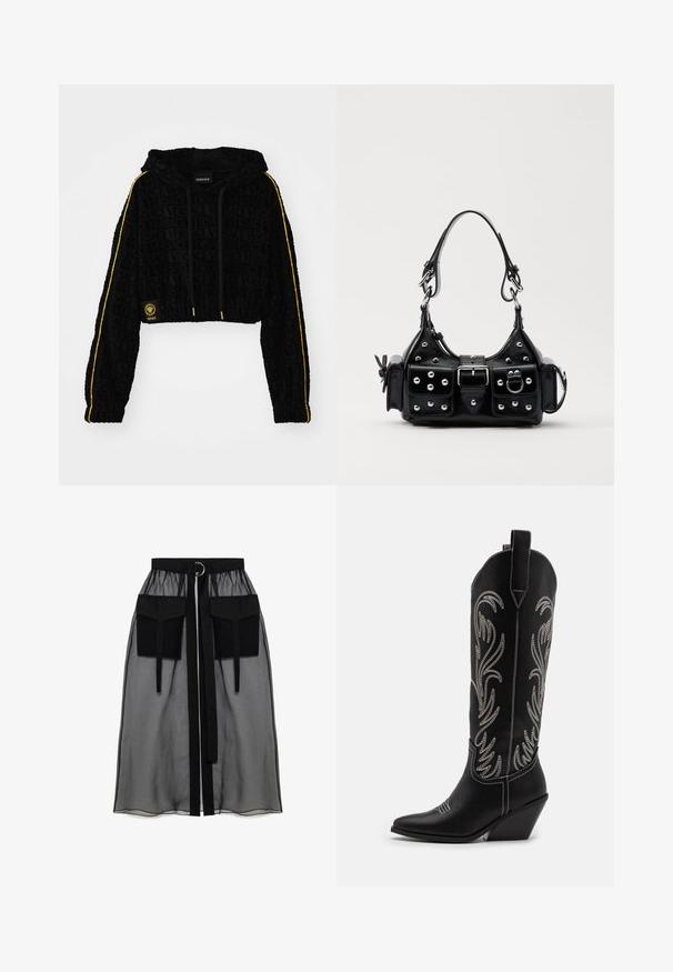 Hanorac negru scurt cu logo-ul embosat 'Versace', dungi galbene pe mâneci și accente din metal auriu. Textură moale de catifea.; Bluză neagră cu mâneci lungi, realizată din țesătură transparentă, cu un gât rotund, închidere cu butoane pe față și margini de tip evazat la manșete.; Fustă neagră transparentă cu un talie plisată, având două buzunare mari în față, un cordon pentru talie și un accent metalic circular.; Bocanci de cowboy din piele neagră, cu vârfuri ascuțite, toc wedge și modele florale brodate cu fir argintiu de-a lungul tijei. Cusături în contrast pe întreaga suprafață.; Geantă de piele neagră cu un design curbat, dotată cu studuri argintii, o cataramă și două buzunare laterale. Curea ajustabilă pentru opțiuni de transport.