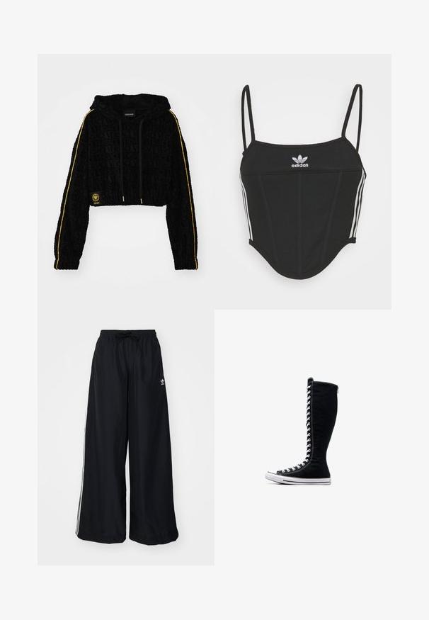 Hanorac negru scurt cu logo-ul embosat 'Versace', dungi galbene pe mâneci și accente din metal auriu. Textură moale de catifea.; Top scurt negru cu nervuri, cu bretele subtiri ajustabile, având trei dungi albe pe laterale și un mic logo alb Adidas în centru.; Pantaloni negri cu picioare largi, realizati dintr-un material usor. Au un bmband elastic cu snur si dungi albe pe lateral. Logo-ul brandului este pe sold.; Adidași negri cu glezna înaltă, cu un design elevat, realizați din pânză. Acestia au șireturi albe, cusături și o talpă din cauciuc cu capac pentru degete.