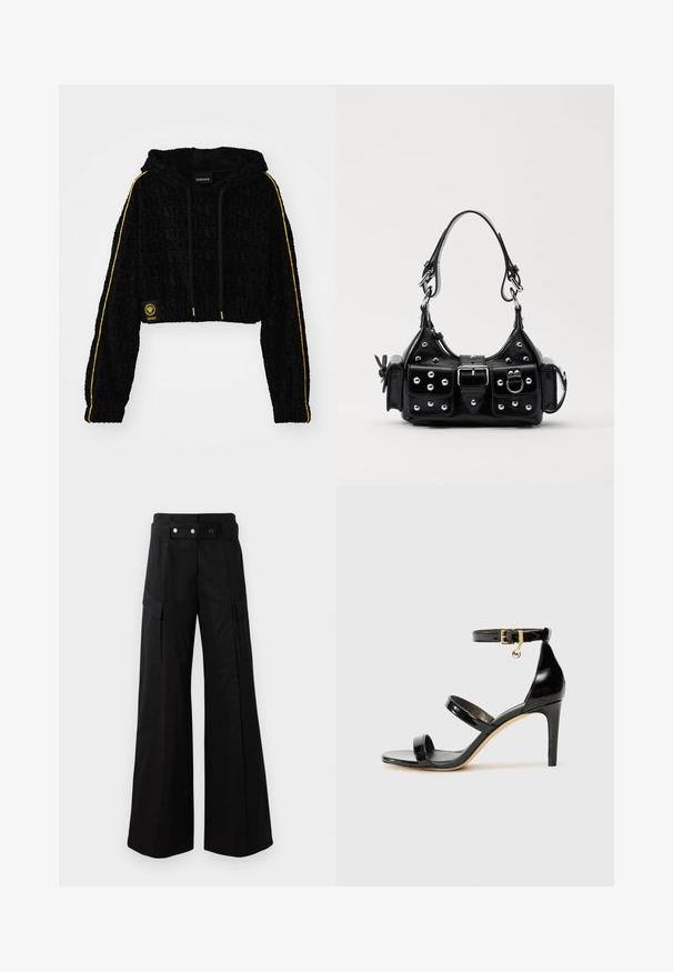 Hanorac negru scurt cu logo-ul embosat 'Versace', dungi galbene pe mâneci și accente din metal auriu. Textură moale de catifea.; Tricou din bumbac negru, cu inscripția "VERSACE JEANS COUTURE" în litere mari aurii pe față, cu mâneci scurte și guler tip crew.; Pantaloni evazați negri cu talie înaltă, având buzunare laterale mari, două nasturi frontali și un detaliu cu buclă. Confectionați dintr-un material rezistent.; Sandale negre din piele lacuită, cu trei curele, cataramă la glezna și toc stiletto de 10 cm. Prezintă detalii din metal auriu și un charm cu logo.; Geantă de piele neagră cu un design curbat, dotată cu studuri argintii, o cataramă și două buzunare laterale. Curea ajustabilă pentru opțiuni de transport.