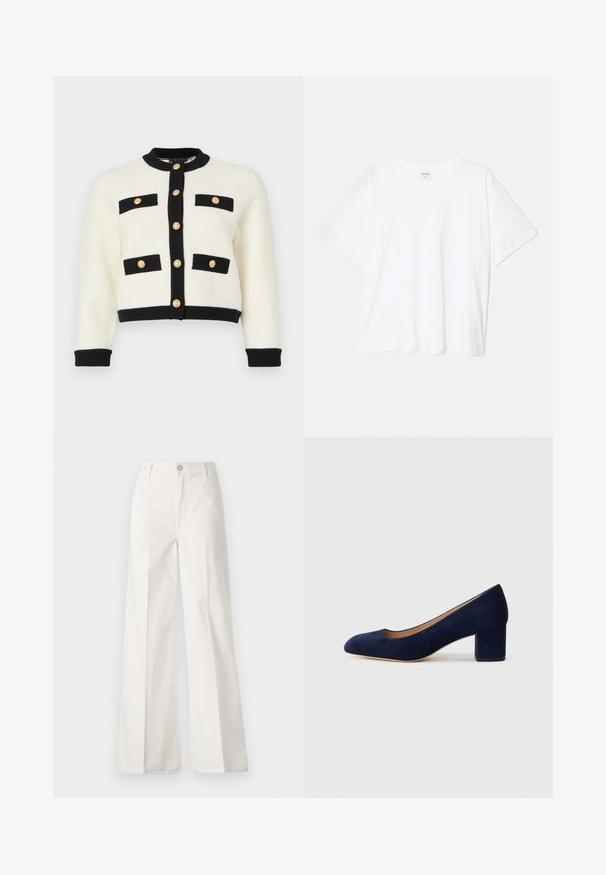 Cardigan court en ivoire en maille texturée, avec des finitions noires, deux poches avant avec des rabats noirs, et des boutons dorés sur le devant.; T-shirt en coton blanc avec des manches courtes, un col rond, une coupe décontractée et un ourlet cousu. Étiquette visible à l'intérieur du col.; Pantalons blancs à jambes larges en coton avec une texture douce. Comprend un bouton à l'avant, une fermeture éclair et un design à quatre poches.; Escarpin en daim bleu marine avec un bout pointu et un talon bloc de hauteur intermédiaire. Texture lisse avec un subtil éclat et une petite découpe à l'avant.