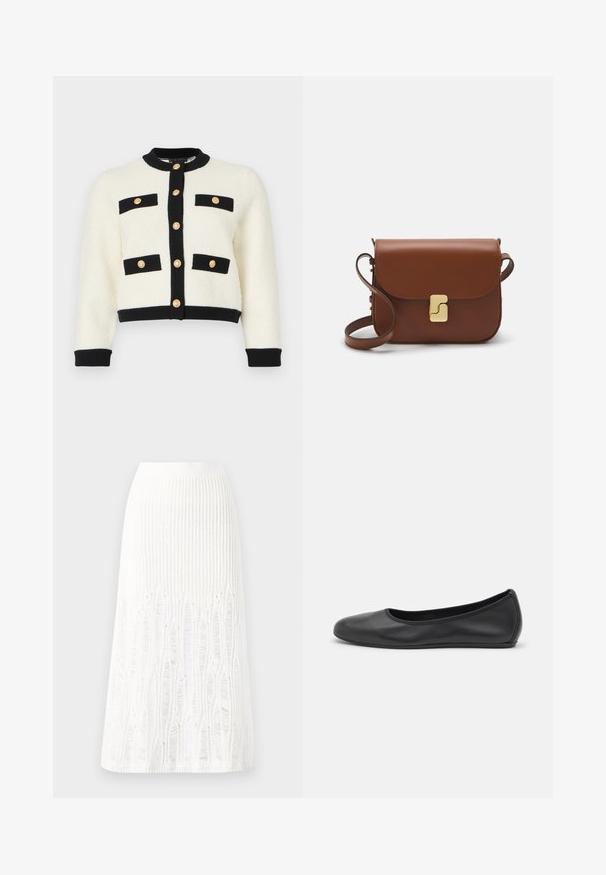 Ivory krakots džemperis ar teksturētu adījumu, kas aprīkots ar melniem apmalēm, divām priekšējām kabatām ar melniem vākiem un zelta pogām priekšā.; Balta īsām piedurknēm T-krekls, izgatavots no ribota auduma. Apaļš izgriezums, regulāra piegriezuma un diskrēti šuvumu detaļas. Bez printiem vai grafikām.; Adīts balts midi svārki ar teksturētu rakstu, kas ietver vertikālas līnijas un izgriezumus pie apakšmalas. Elastīgs vidukļa jostasvads. Mīksts materiāls.; Melna ādas baleta kurpe ar noapaļotu purngalu, gludu tekstūru, minimālu šuvju detalizāciju un elastīgu zoles dizainu.; Bordo ādas rokas soma ar atloku, zeltītām detaļām, plecu siksnu un gludu virsmu. Kompakta, taisnstūrveida forma.