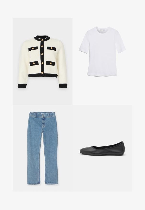 Sötétbarna, textúrált kötésű, rövidített kardigán, fekete díszítéssel, két elülső zsebbel fekete fülekkel és arany gombokkal az elején.; Fehér, rövid ujjú póló ribbed anyagból. Kerek nyakkivágás, normál szabás és diszkrét varrási részletek. Nincsenek minták vagy grafikák.; Világoskék egyenes lábú farmernadrág gombos és cipzáras záródással, övhurkokkal és alap varrással fehér háttérrel.; Fekete bőr balettcipő lekerekített orral, sima tekstúrával, minimális varrással és rugalmas talp kialakítással.